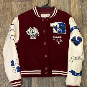 Women’s True Religion Burgundy and Cream Letterman Jacket with Blue Patches Sz M